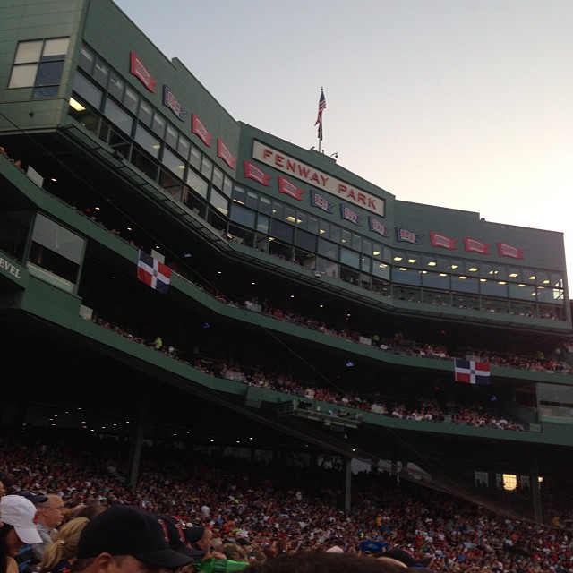 Fenway Park sign and upper deck at dusk