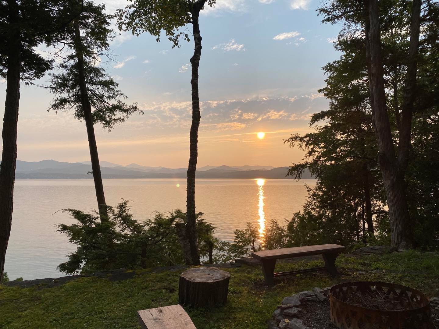A lake sunset through trees